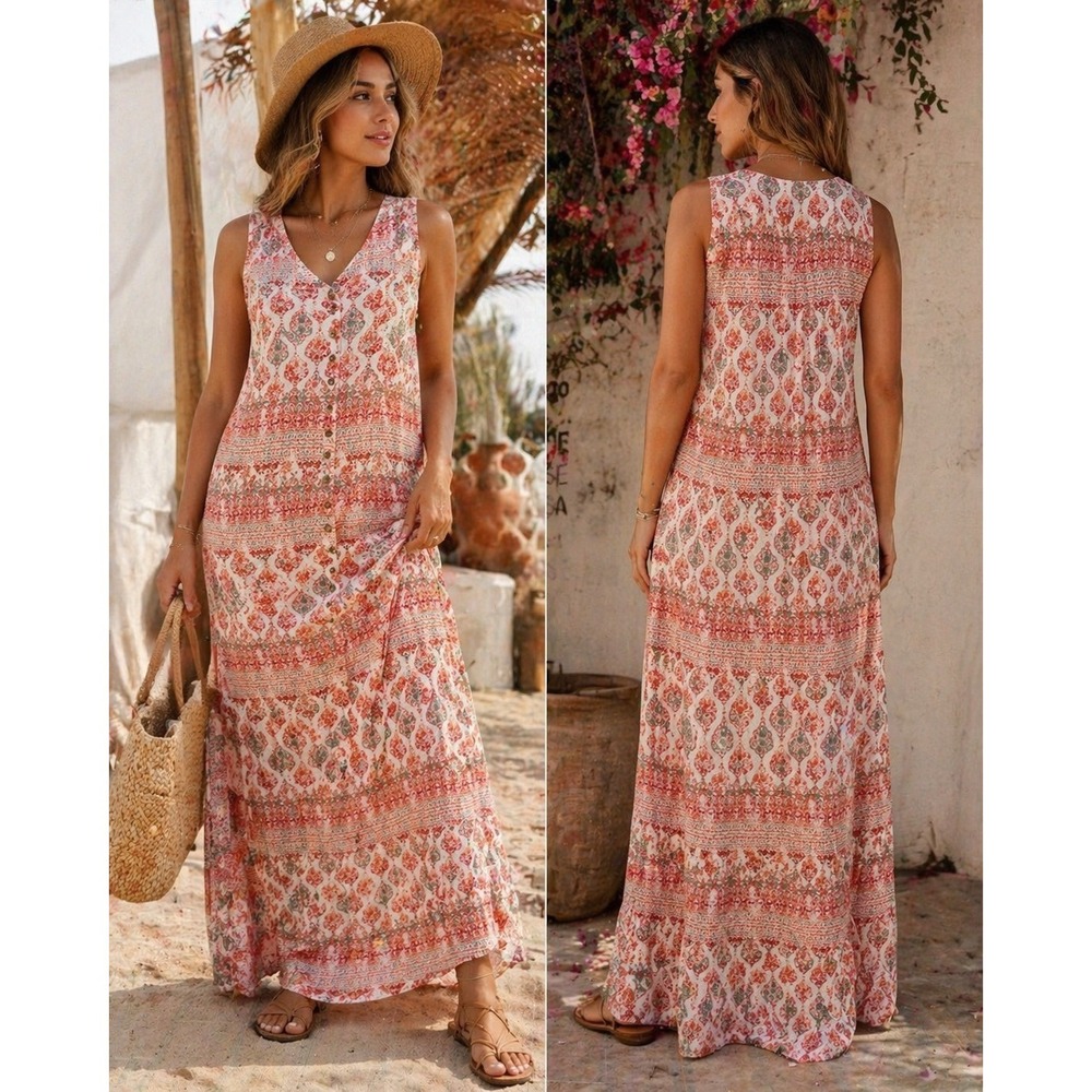 Roxy Women's Sleeveless V-Neck Maxi Dress in Coral and Cream